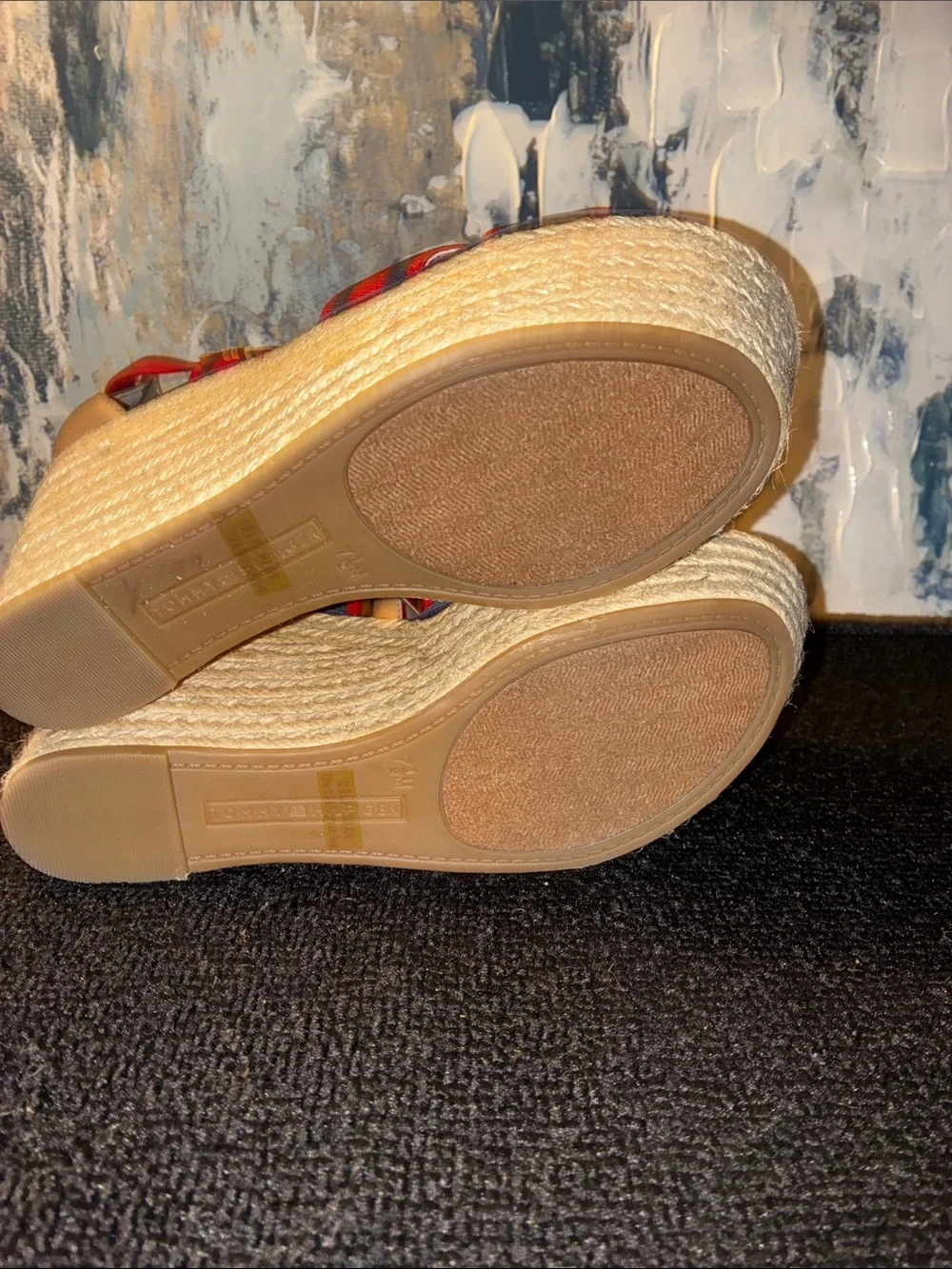 NWT Tommy Hilfiger Red & Navy Striped Espadrille Wedge Sandals Size 7.5